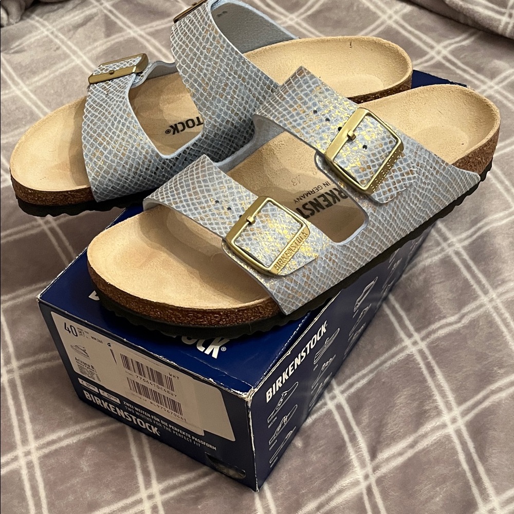 Birkenstock Arizona Shiny Python light blue and gold